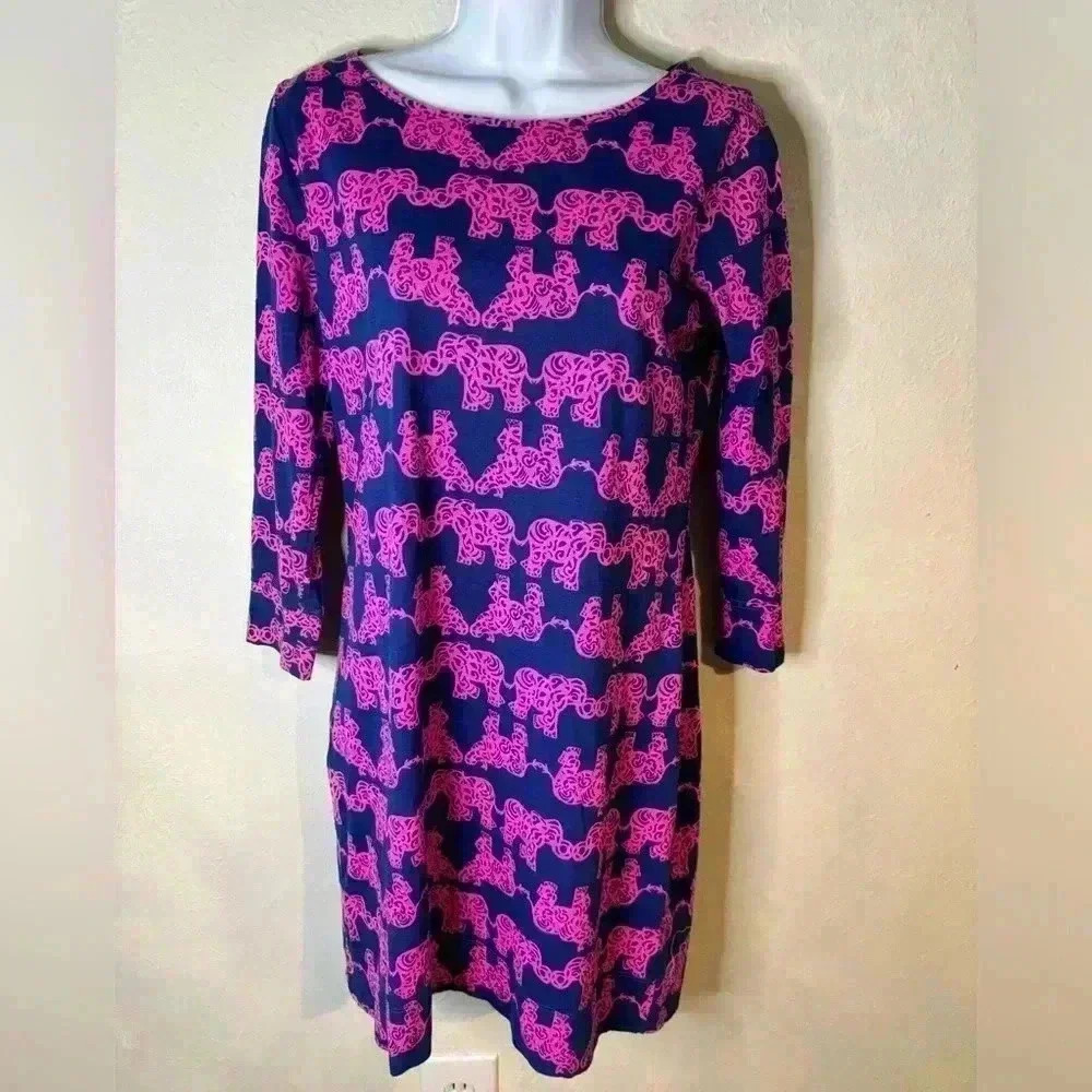 Lilly Pulitzer Marlowe Dress Elephants Navy Pink 100%